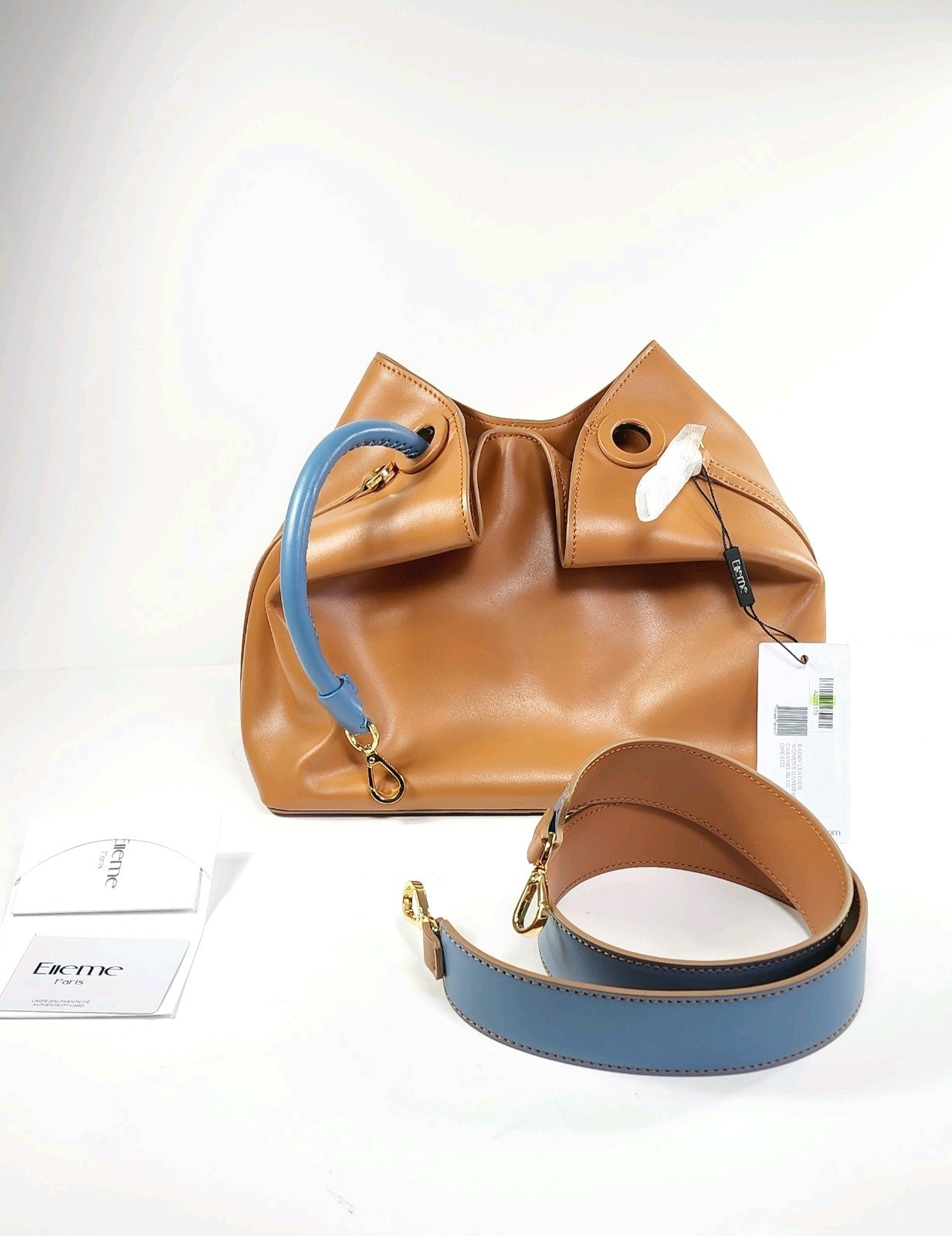 Nwt Elleme Raisin Leather Handbag Cognac Brown Blue Handle Crossbody Bag Italy